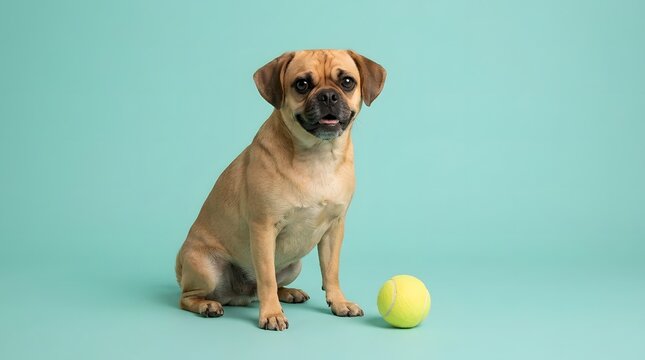 Cute tan puggle dog sitting next to a tennis ball on teal background