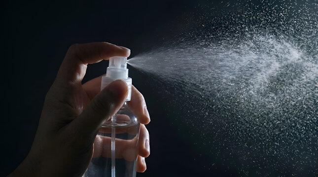 Hand spraying disinfectant in a mist. Sanitizing hands for hygiene and safety in public spaces.