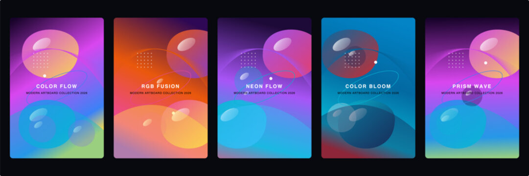 Abstract gradient background set with fluid spheres, colorful liquid flow posters, vibrant 3D bubble vector collection for social media stories