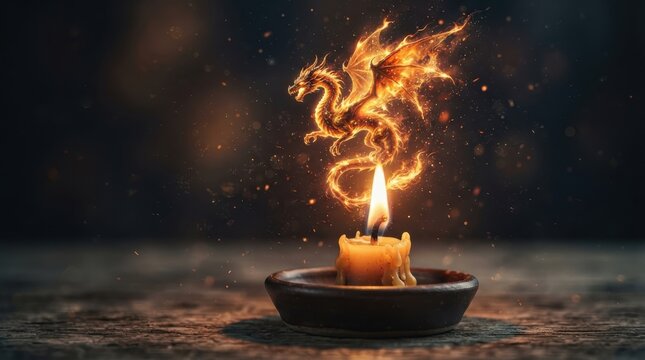 Fiery dragon silhouette rising from a candle flame