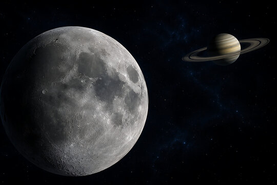 Highly detailed realistic grey moon surface passing closely by a large glowing ringed gas giant planet orbiting in the vast dark starry space