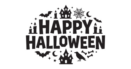 Happy halloween typography silhouette with spooky icons vector © Takia