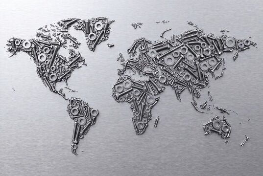 World map made of metal nuts bolts screws steel industrial concept