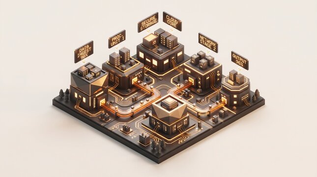 Isometric digital smart city buildings with data information icons, isometric