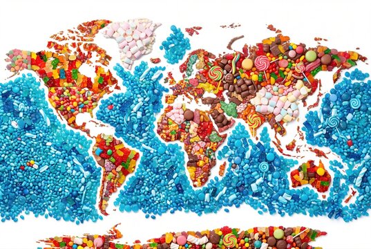 Candy world map made of sweets and gummies with blue ocean of candy