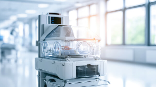 Premature baby incubator in bright hospital ward with digital monitor and clean modern neonatal care, soft light and wide copy space