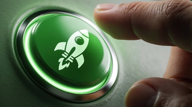 Finger presses round green button with rocket icon for business startup launch. Human hand pushes glowing control switch to initiate digital project. Modern finger tip touch activates growth symbol
