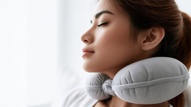 Inflatable neck traction collar woman side view close up relaxed posture calm expression soft skin minimalist background negative space morning daylight