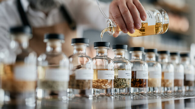 Distillery worker measures whisky into s 1