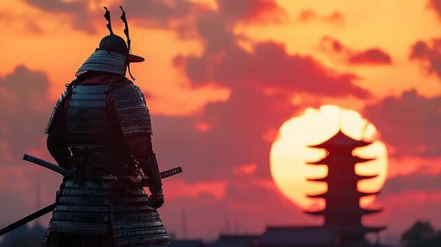Samurai warrior in traditional armor with katana swords watching the sunset with a pagoda in the background. Japanese feudal era concept with a red sun and cloudy sky