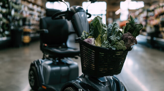 Mobility scooter grocery shopping fresh vegetable basket store aisle natural light