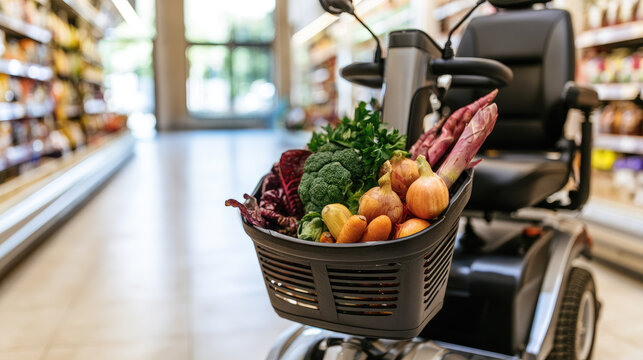 Mobility scooter basket grocery store aisle fresh vegetable shopping close up natural light