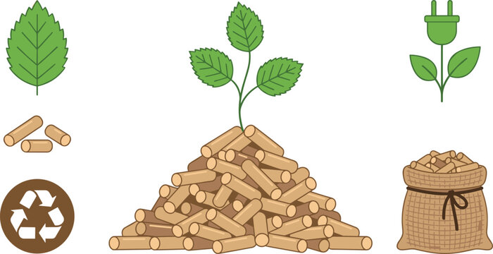 Renewable bioenergy icon collection with compressed wood pellets sack pile growing green plant green electricity plug and recycle sign vector graphic