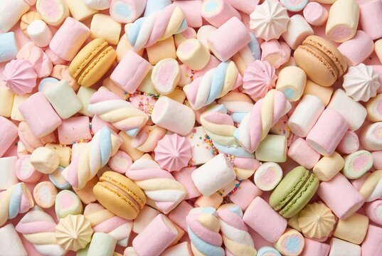 Pastel marshmallow and macaron sweet candy flat lay background