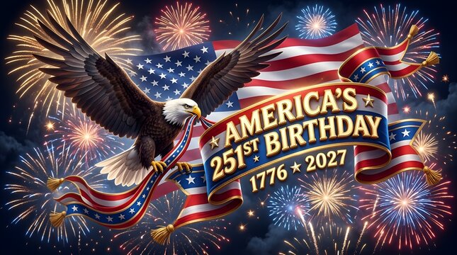 America's 251st Birthday Celebration Background with Flying Bald Eagle, American Flag, Gold Ribbon Banner, and Fireworks for 4th of July 2027
