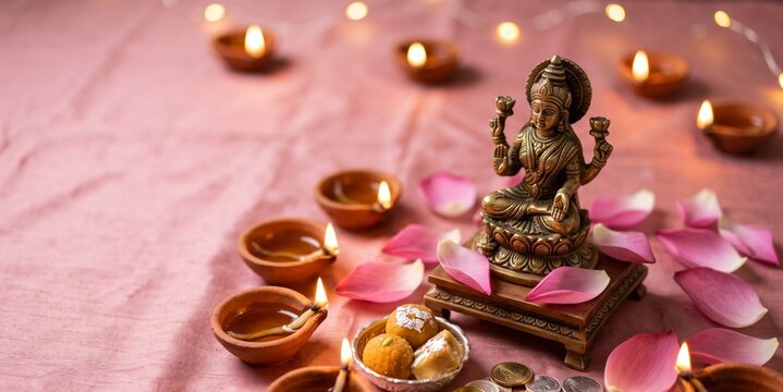 Goddess Lakshmi with Glowing Diyas and Golden Temple Background &ndash; Hindu Festival and Spiritual Illustration