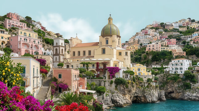The collage of views of Positano at Italy along the stunning Amalfi Coast.