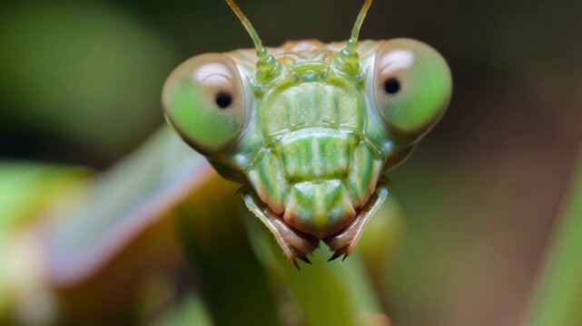 Green praying mantis with large compound eyes moving its head in a macro shot, showcasing the insect's curious predator behavior and detailed facial features