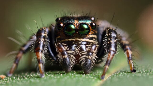 Curious jumping spider with iridescent green eyes and fangs looking directly at the camera while moving its pedipalps in a detailed macro shot on a green leaf