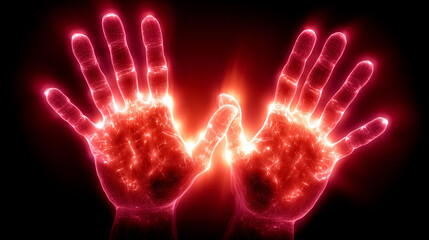 Naklejka premium Two human hands reaching forward glowing with intense red energy and light particles