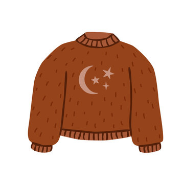 Flat vector illustration of a cozy brown sweater decorated with a moon and stars, isolated warm autumn and winter clothing for seasonal fashion, apparel, print and design.