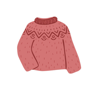 Flat vector illustration of a cozy pink sweater decorated with a geometric knitted pattern, isolated warm clothing for autumn, winter, seasonal fashion, print and apparel design.