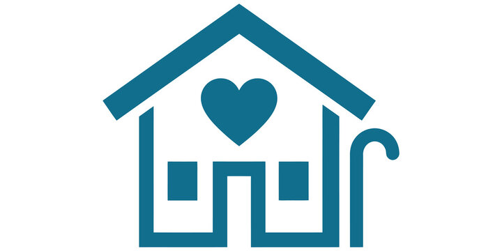 blue house icon with heart symbol and walking cane isolated on transparent background
