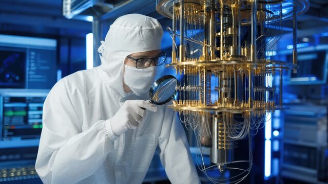 Quantum Physicist Adjusting Cryogenic Equipment in Advanced Research Laboratory