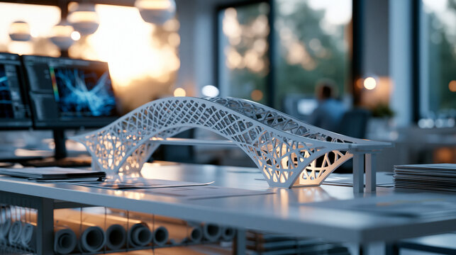 Bright overview of a modern structural engineering studio with a large white bridge model on a clean table monitors showing analysis graphics and tidy drawing rolls in racks