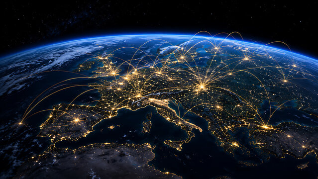 Global communication network connections over european continent on planet earth at night illustrating international internet data transfer and digital business flight travel routes