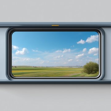 Breathtaking view from contemporary window showcasing vibrant greenery and a clear blue sky dotted with fluffy clouds