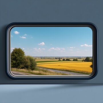 Breathtaking landscape of golden fields under a clear blue sky seen through a contemporary window setting