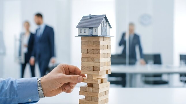 Hand balancing wooden blocks with house model. Real estate investment risk concept.