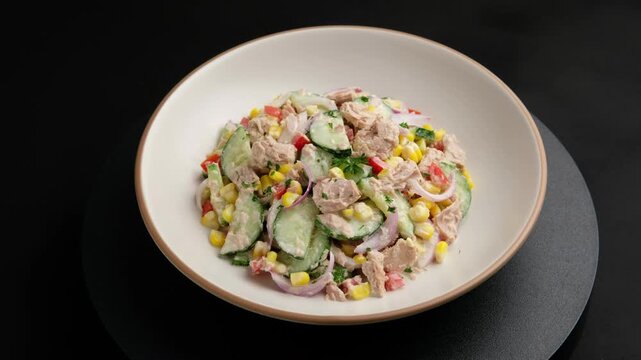 cucumber salad with canned tuna.Healthy and simple salad with sliced cucumber and canned tuna fish ,sweet corn ,tomato ,onion in creamy salad dressing in white plate.