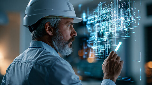 Rear view of a european engineer in a white helmet analysing complex holographic industrial blueprints floating in cool blue light glowing digital light pen in hand bright clean
