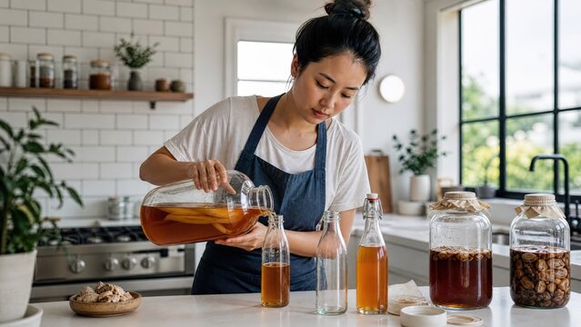 Artisan Food Producer Checking Fermentation Progress of Kimchi in Ceramic Crocks