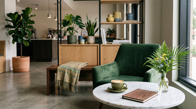 Stylish modern caf&eacute; interior decorated with subtle Brazilian Independence Day color accents and fresh tropical plants, sophisticated hospitality environment