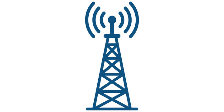 Blue radio telecommunication tower signal icon isolated on transparent background