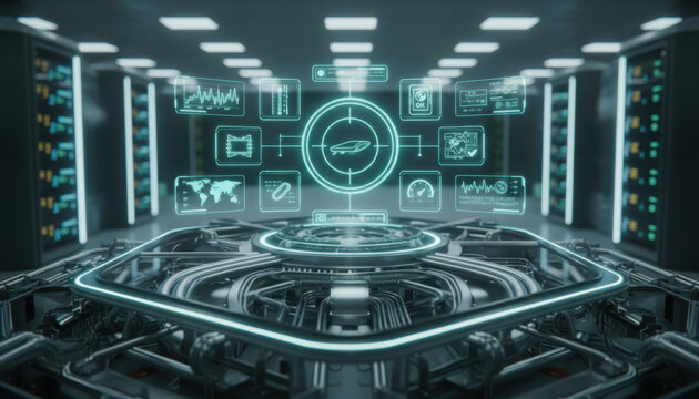 Photorealistic 3D render of a subterranean hyperloop mainframe with a floating holographic digital interface and glowing blue server racks in a futuristic sci-fi environment
