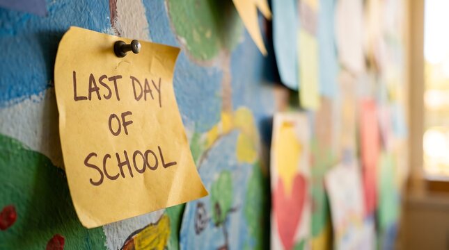 Last day of school note on a bulletin board. Summer vacation announcement on sticky paper.