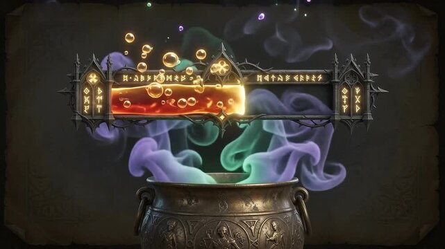 Gothic cauldron magic potion interface progress bar filling with bubbles and mystical glowing smoke effects with amidst rising colorful displays dark fantasy