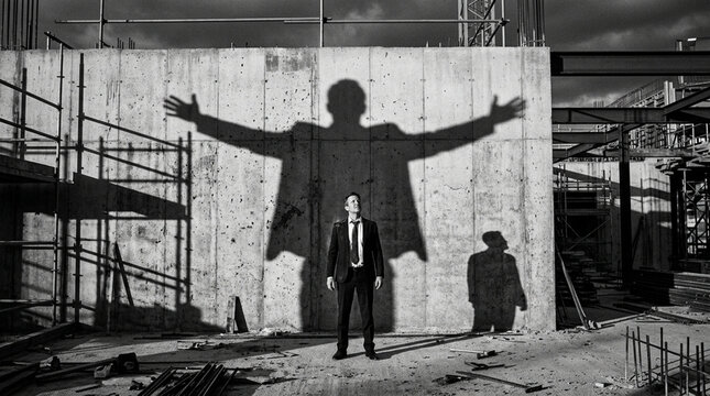 Businessman's shadow on wall, construction site, black and white, dramatic, ambition