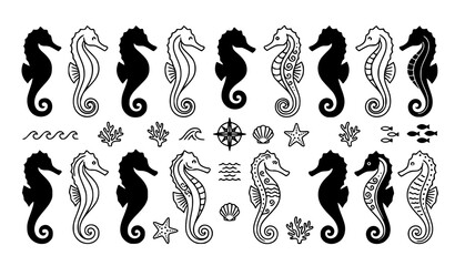 Obraz premium Seahorse Silhouette and Outline Collection Marine Life Decorative Vector Illustration Set