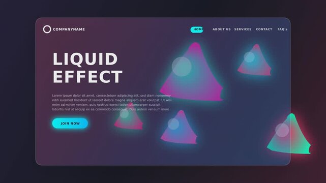 Liquid effect landing page animation, futuristic glassmorphism website interface, neon gradient abstract shapes UI design