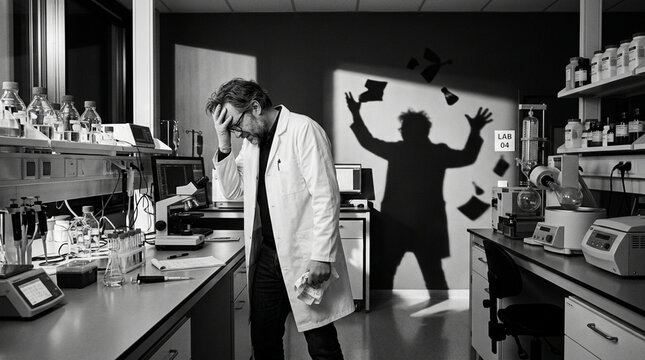 Frustrated Scientist in Lab, Shadow Gesturing Chaos