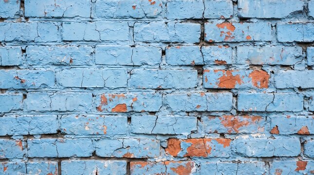 Distressed blue painted brick wall. Weathered masonry texture with peeling orange paint.