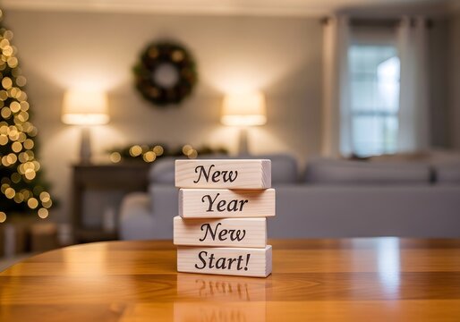 A stack of wooden blocks with the words new year new start written on them sitting on a wooden table indoors