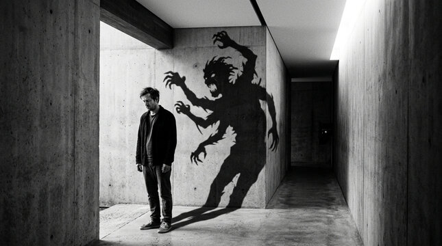 Man facing monstrous shadow on concrete wall, symbolic, fear, darkness, inner demon