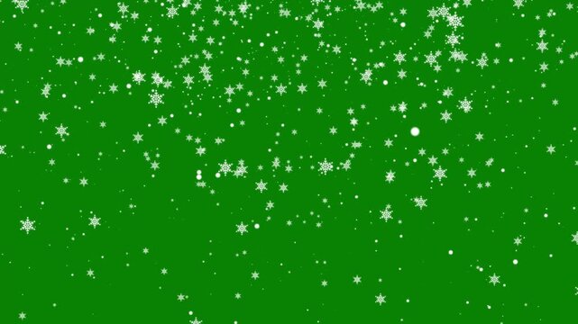 Isolated falling snow overlay on green background for winter visual effects, cinematic video editing and motion graphics