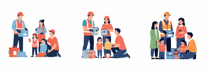 Fototapeta premium Humanitarian aid workers and emergency responders providing relief kits to families and children in flat vector illustration style